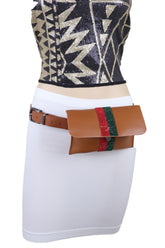 Brown Faux Leather Fashion Belt + Purse Bag Green Red Bling Bead